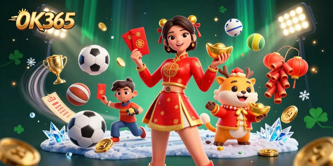 Engage in gaming excitement with OK365, featuring rich casino elements and festive characters.
