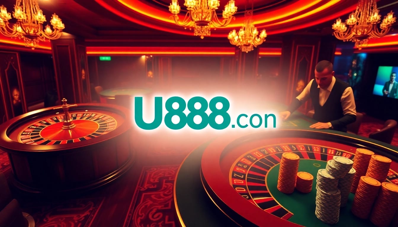 Experience thrilling casino action at U888 Com, featuring a vibrant roulette wheel and poker chips.