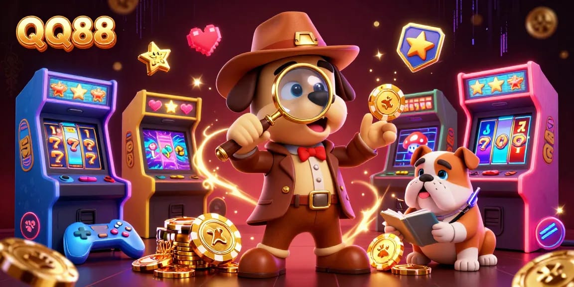 Engage in thrilling gameplay at QQ88, featuring a detective and dog surrounded by poker clues and gaming elements.