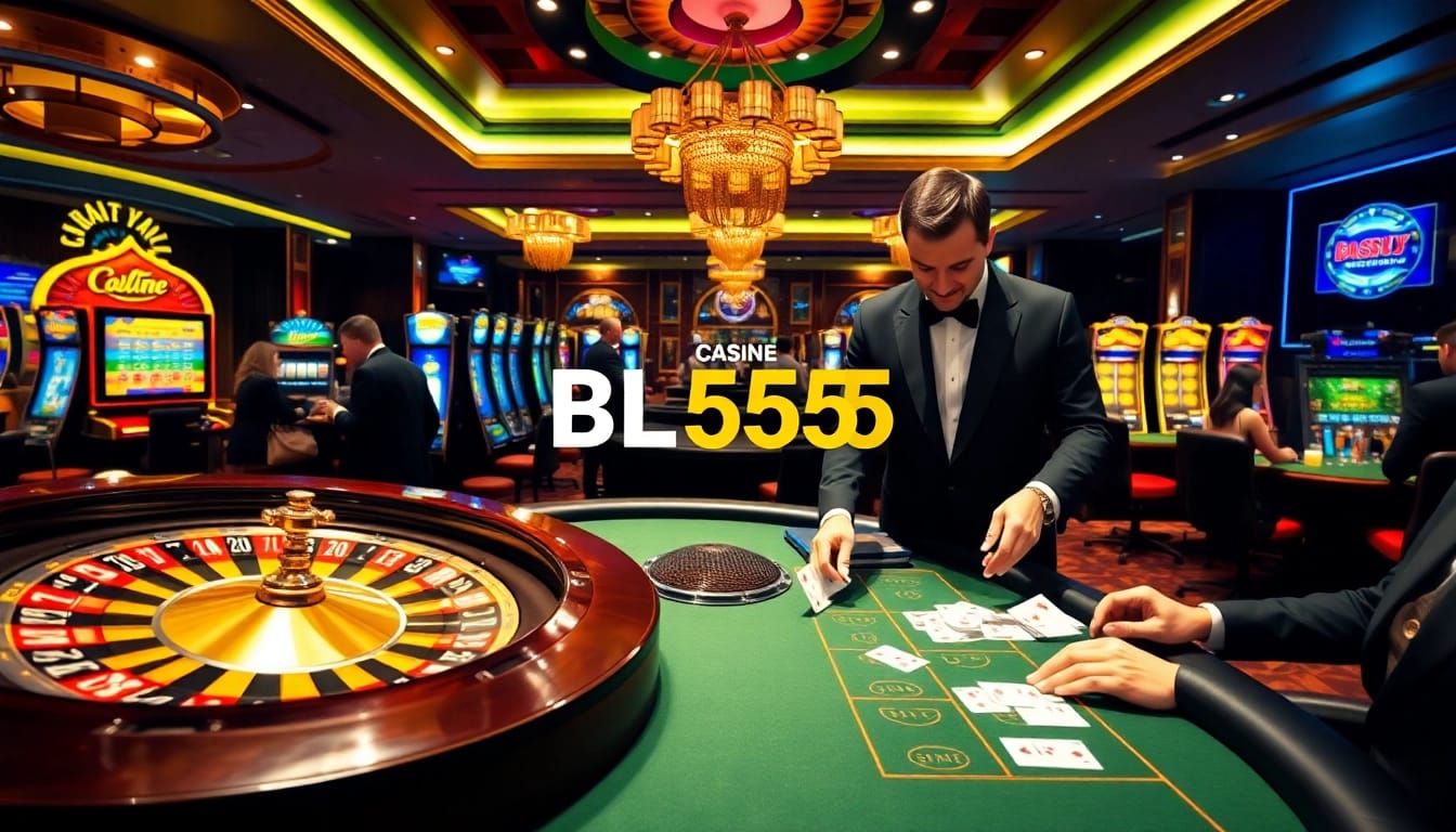 Experience BL555 in a luxurious casino setting with vibrant gaming tables and an exciting atmosphere.