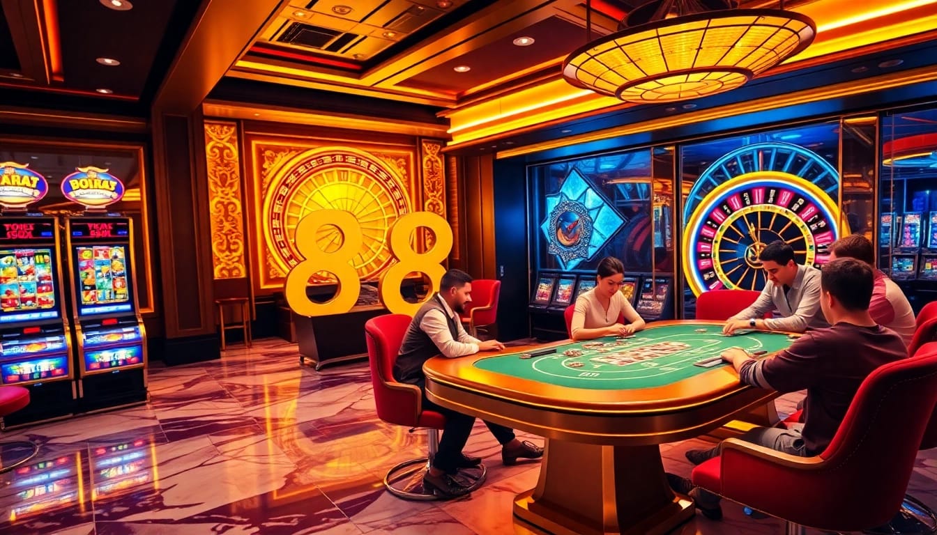Players strategizing at the poker table in 88aa's luxurious casino atmosphere.