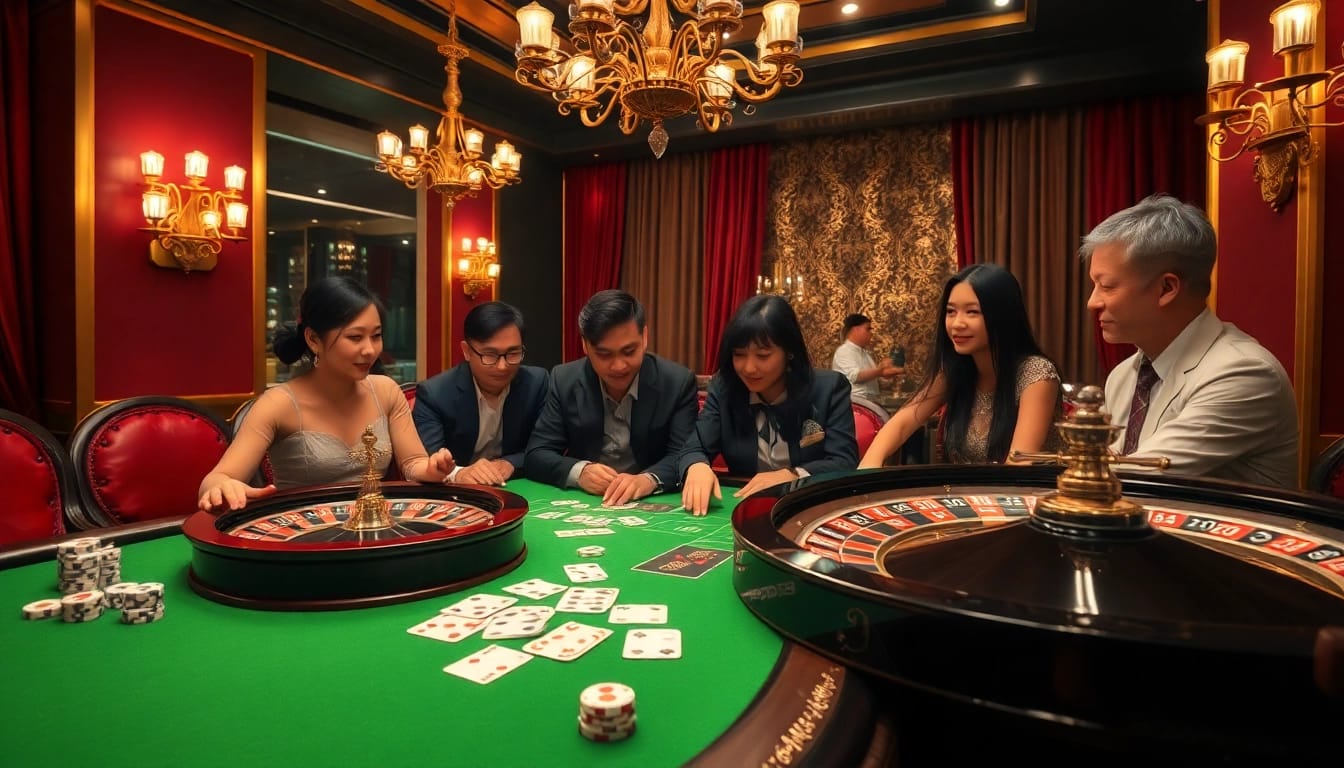 Players enjoying poker and roulette at PU88's luxurious casino table.