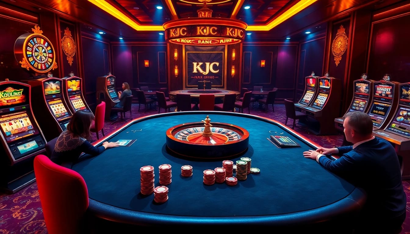 KJC players winning at an elegant casino table with vibrant slot machines and roulette wheel.