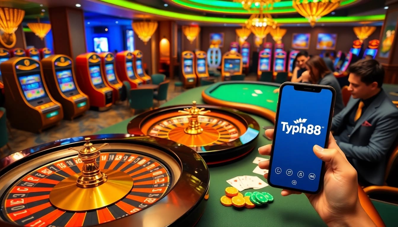 Experience the excitement of Typhu88 with players at casino tables and vibrant slot machines.