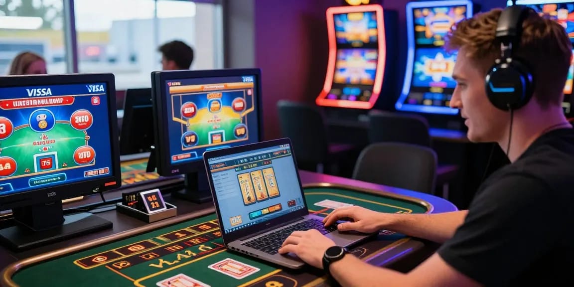 Player at https://scoarch.org.uk engaging with Visa and Mastercard casino games in a vibrant online gaming setting.
