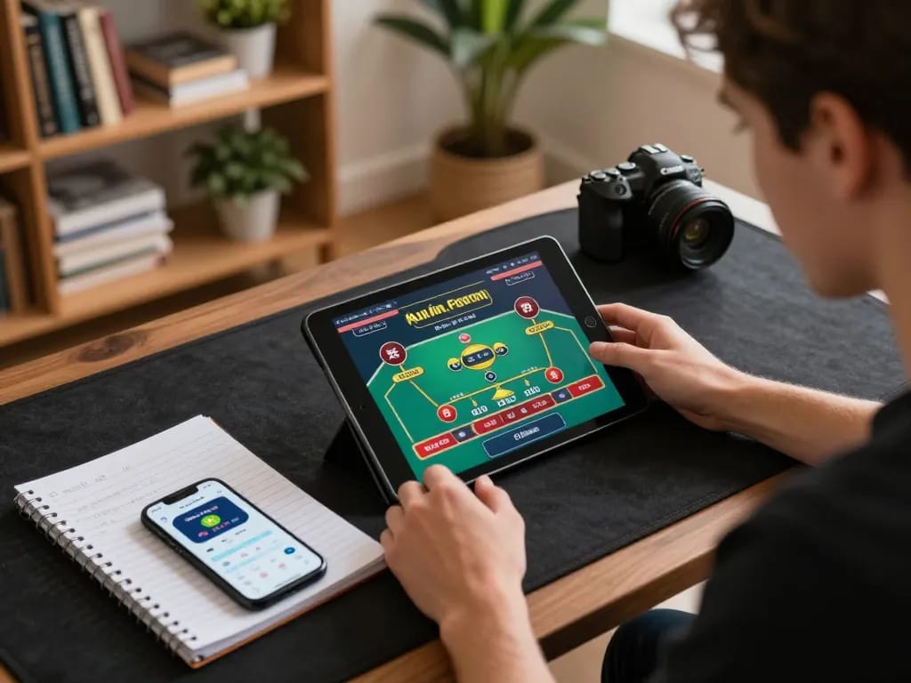 Kuwin player engrossed in live dealer casino game, strategizing with notes and mobile app