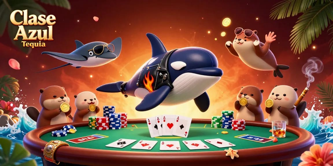 Engaging scene with Clase Azul Tequila as orca and otters cheer at a vibrant poker table.