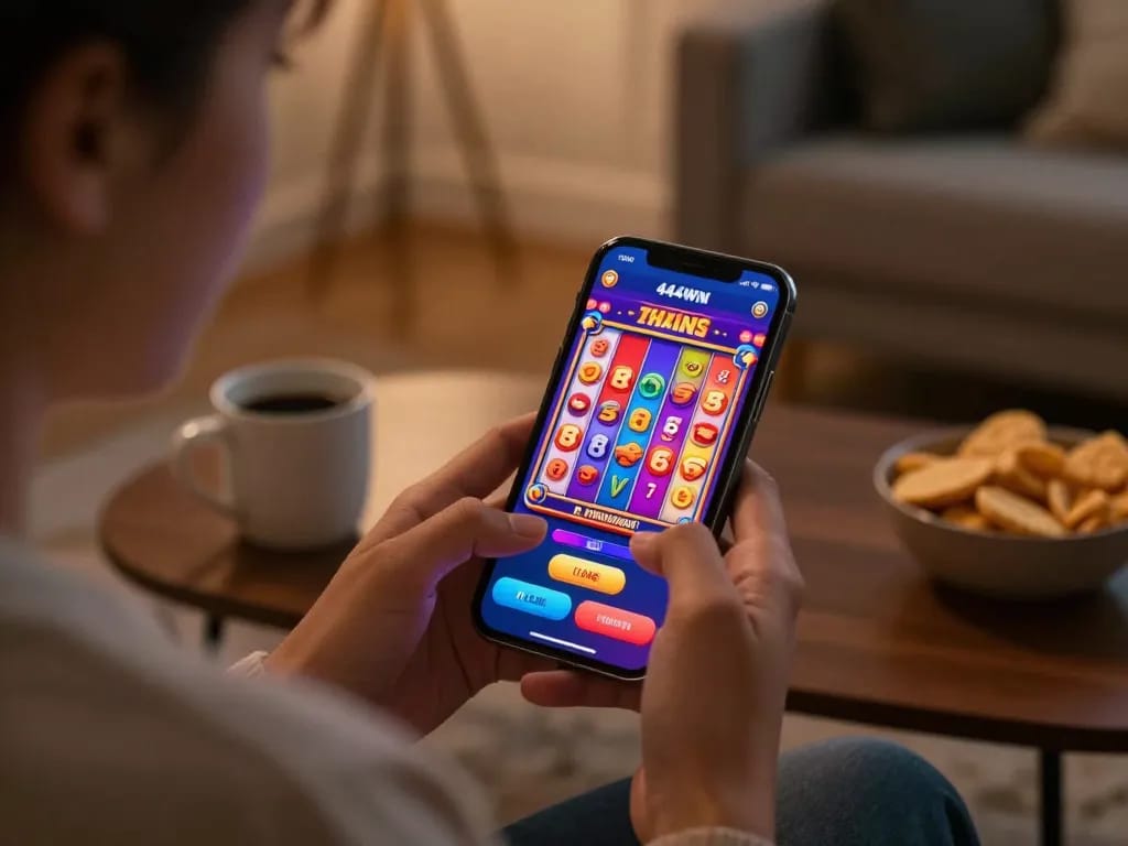 Experience the excitement of 4444WIN mobile app gameplay with spinning slot reels in a cozy home setting.