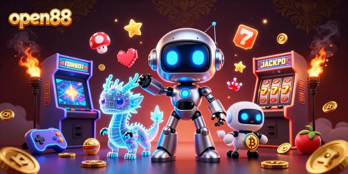 Experience exciting gameplay with open88's vibrant 3D casino illustration featuring characters and game elements.