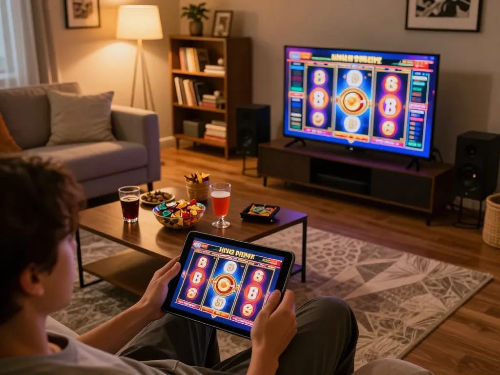 Enjoy online slot gaming at jun88 in a cozy home setting with vibrant reels spinning on a tablet.