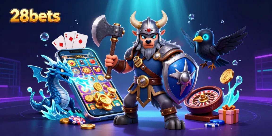 Experience the thrill with 28bets as Viking warrior and dragon engage in epic gambling adventures.