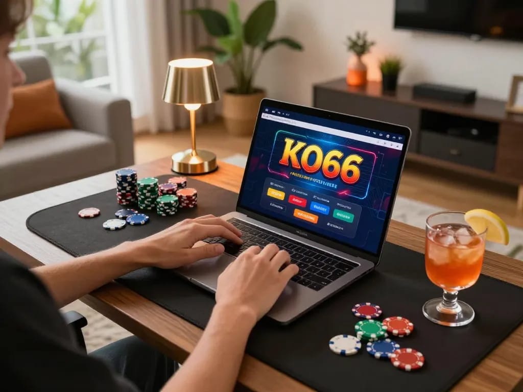 Player engaging with the KO66 online casino app on a stylish laptop, surrounded by poker chips and a cocktail.