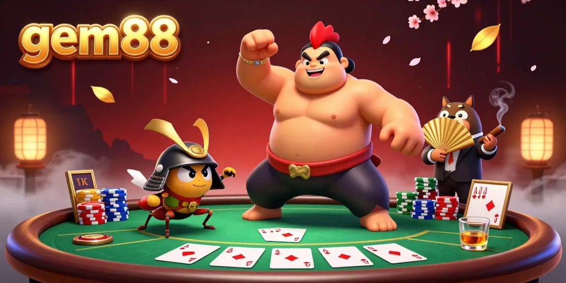 Engage with gem88's vibrant poker scene featuring a sumo wrestler, samurai cricket, and tanuki announcer.