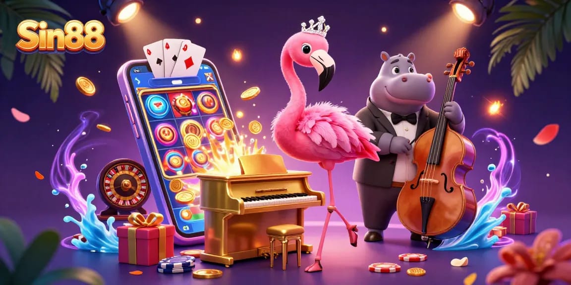 Sin88 entertainment featuring a flamingo singer and hippo bassist in a vibrant casino scene.
