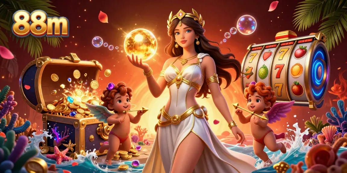 Experience the thrill of 88m with vivid casino elements and enchanting characters in a stunning 3D illustration.