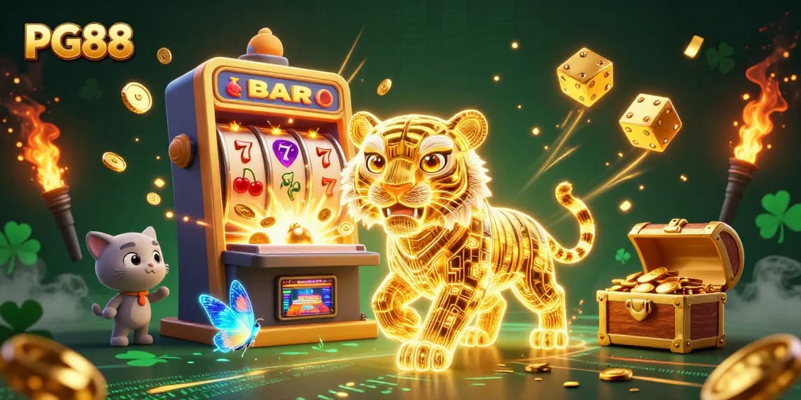 Experience the thrill of PG88 with a golden tiger in a vibrant casino landscape.