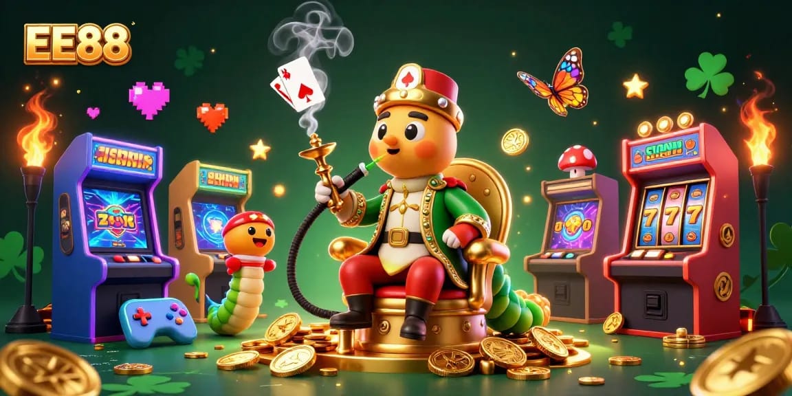 Experience exciting gaming at EE88 with vibrant 3D characters and casino elements.