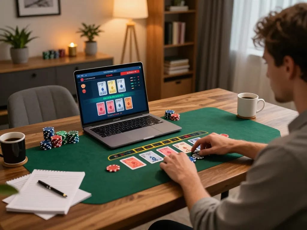 Player navigating p3 com online blackjack from cozy home office, highlighting strategy and casual play.