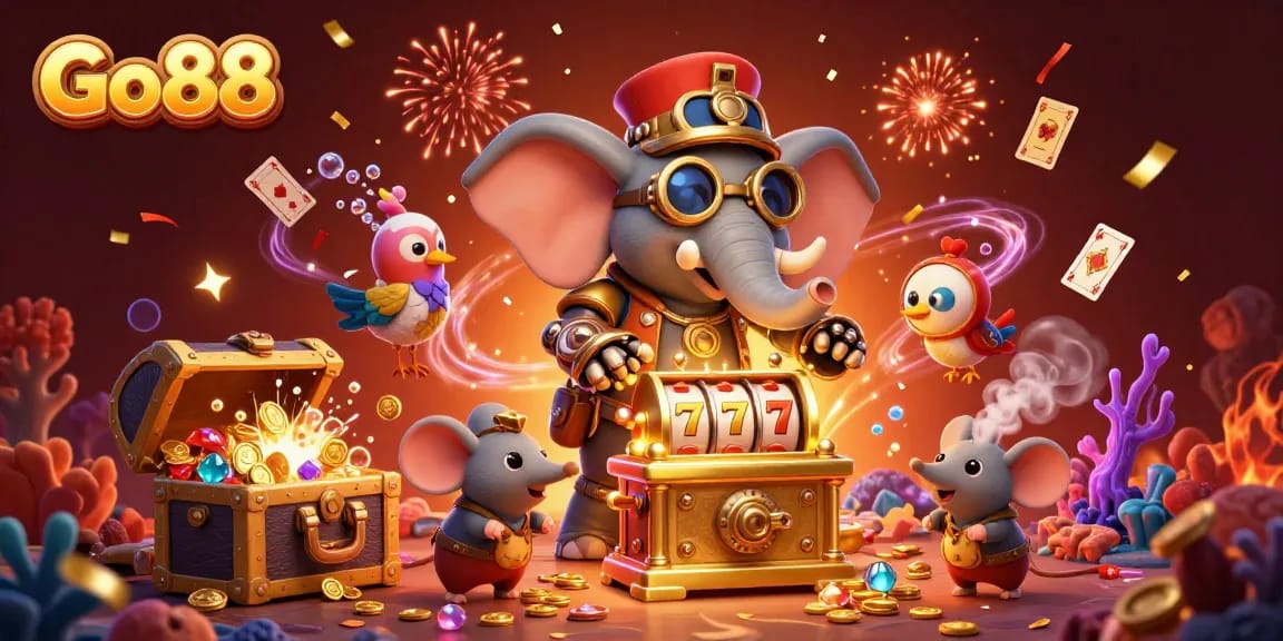 Spin the dazzling Go88 slot machine with vibrant elements and animated treasures in a captivating casino scene.