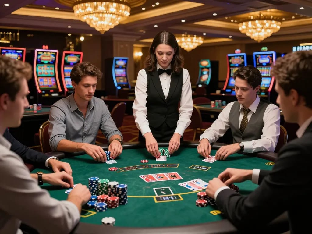 Dynamic blackjack table at nhà cái CM88 showcasing players engaged and focused, capturing the thrill of casino gaming.