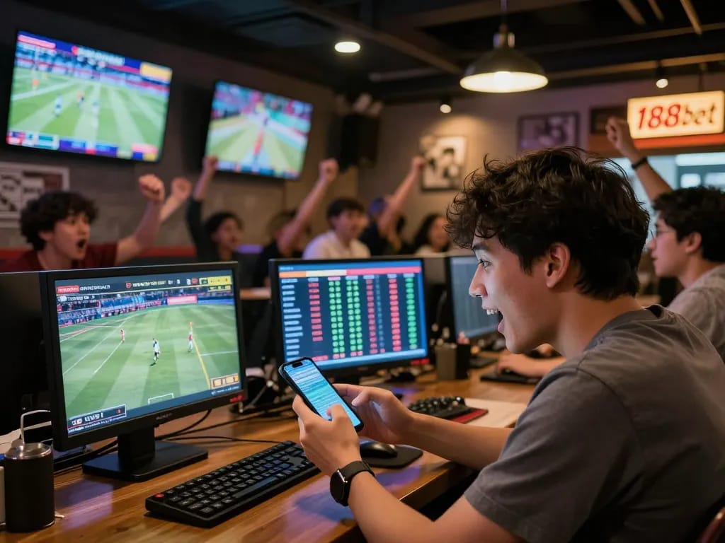 Excited player analyzing odds for sports betting at 188bet on mobile in a lively bar.