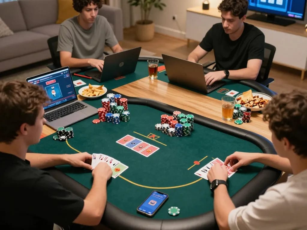 Engaging online poker session with tr88 link on screen, showing players' hands and chips in strategic play.