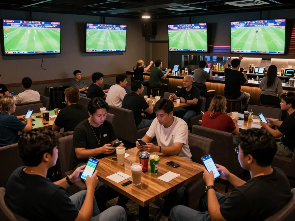 Fans analyzing scores and placing bets with the Bongdalu app in an energetic sports lounge.