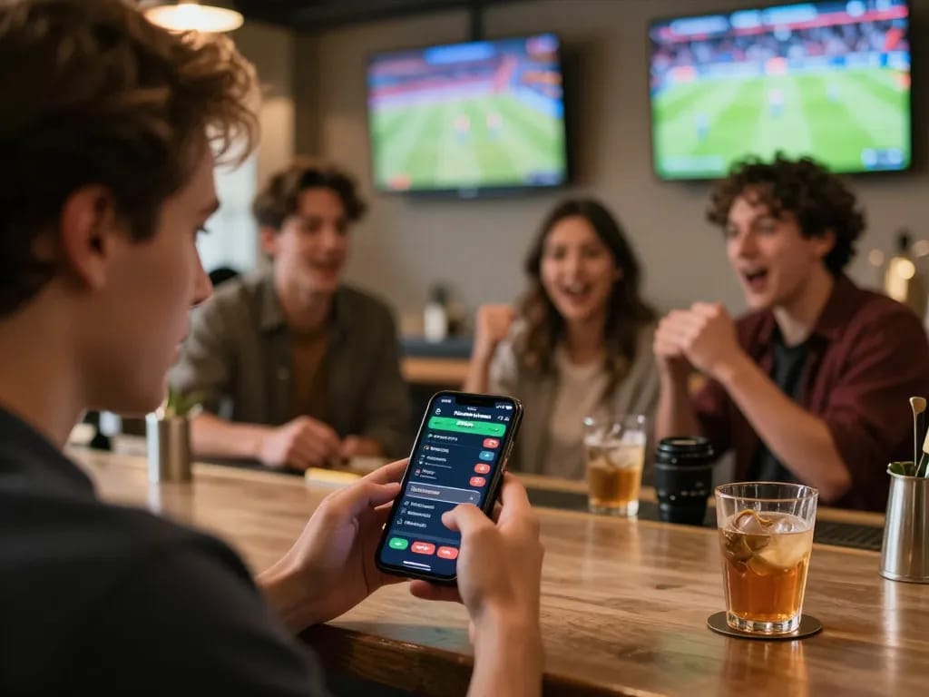 Engaged bettor using smartphone for debet sports betting at vibrant bar, friends sharing excitement.