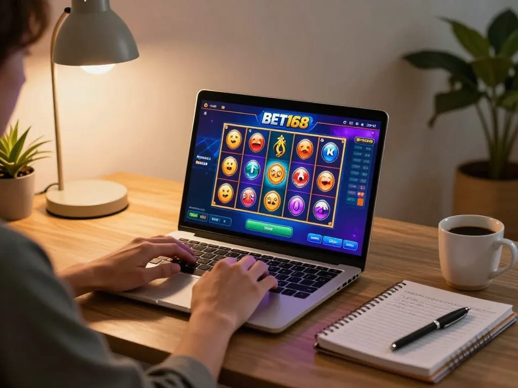 Engaged player enjoying a BET168 online casino game with strategy notes at their desk.