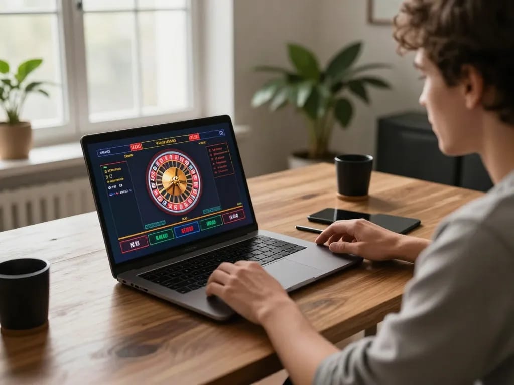 Engaging in a live dealer roulette game on Hitclub laptop for thrilling online gambling experience