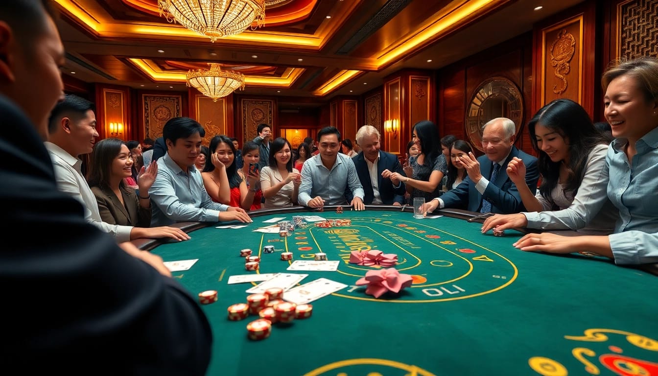 Xóc đĩa online players engaging at a luxurious casino table with dice and colorful betting chips.