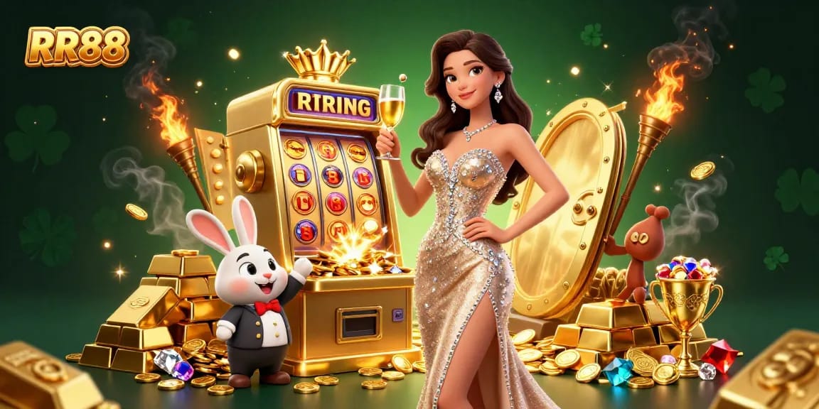 Experience the thrill of RR88 with a glamorous casino scene featuring a jackpot slot machine and sparkling gems.