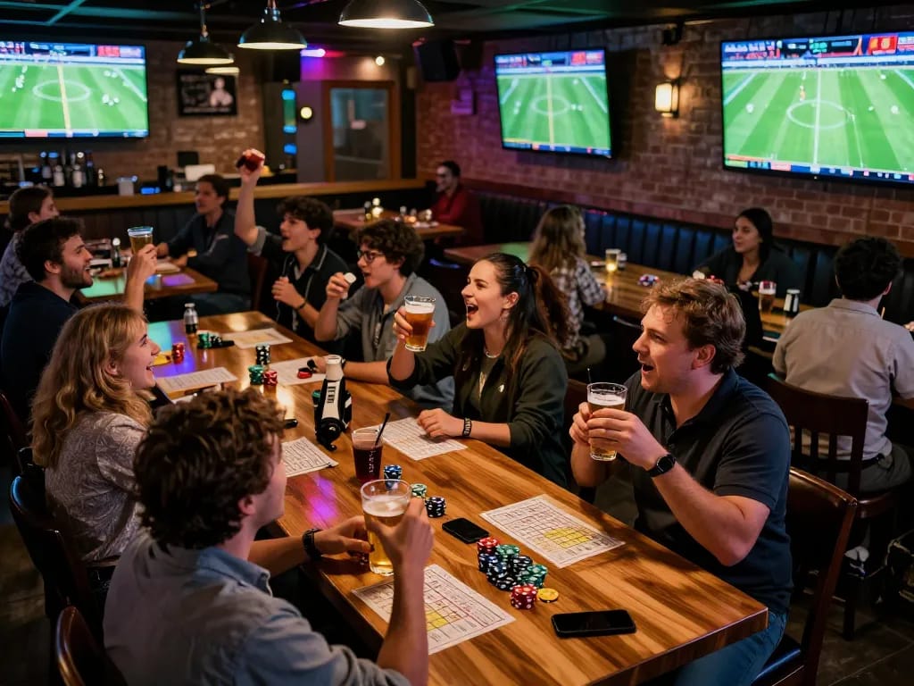 Fans celebrating kết quả bóng đá at a bustling sports bar filled with excitement and energy.
