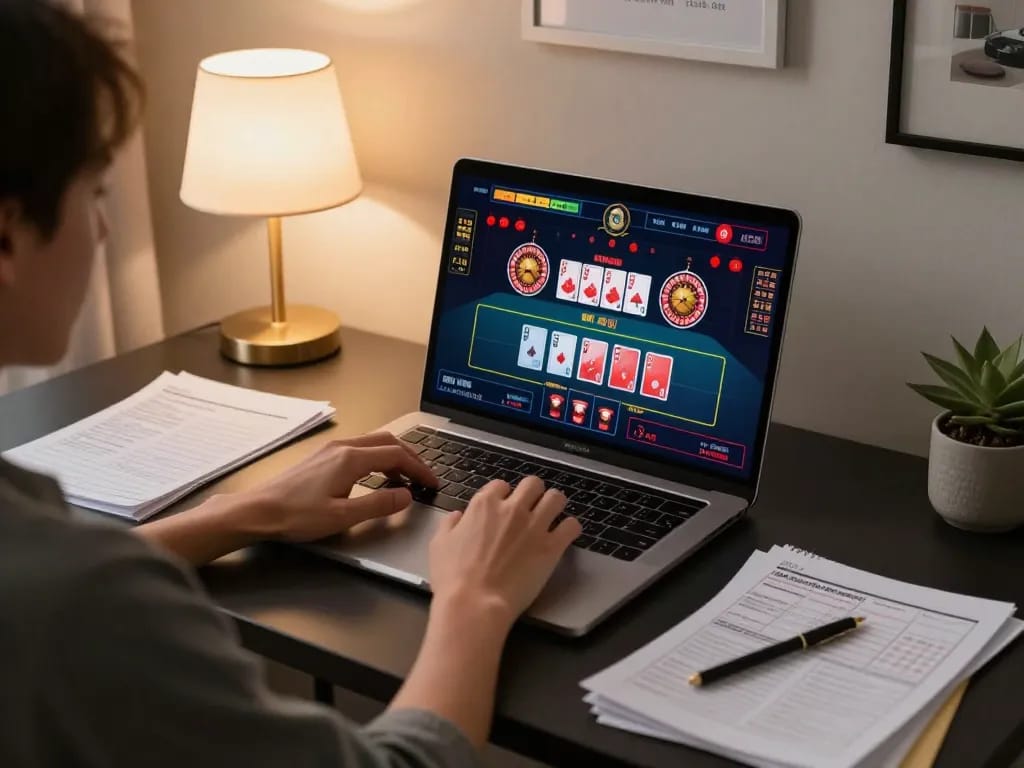 Engaged user playing online casino games with zbett on laptop, showcasing dynamic roulette interface