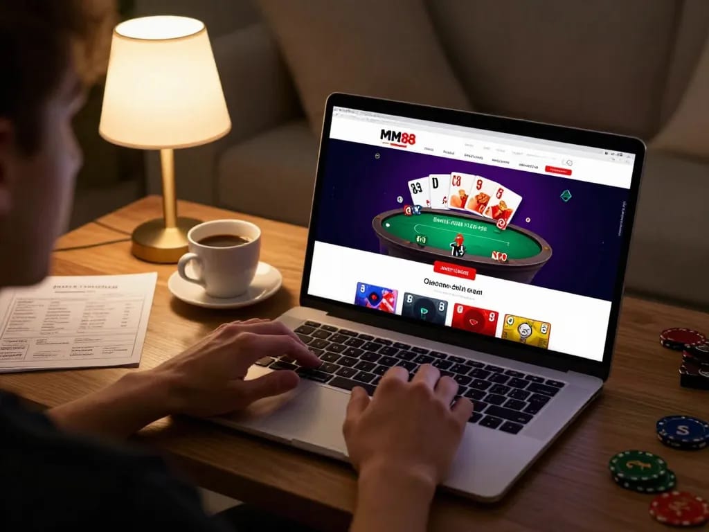 Player engaged with MM88 gaming strategy on a laptop at home, showcasing a responsible gambling atmosphere.