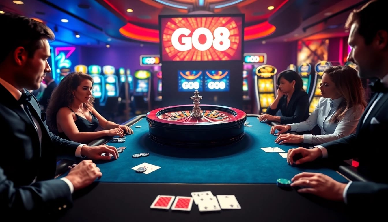 Engaged players at a luxury casino table highlighting GO8 with vibrant gaming elements.