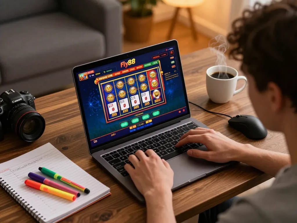 Join the excitement of fly88 online casino gaming with engaging gameplay on a cozy home laptop setup.