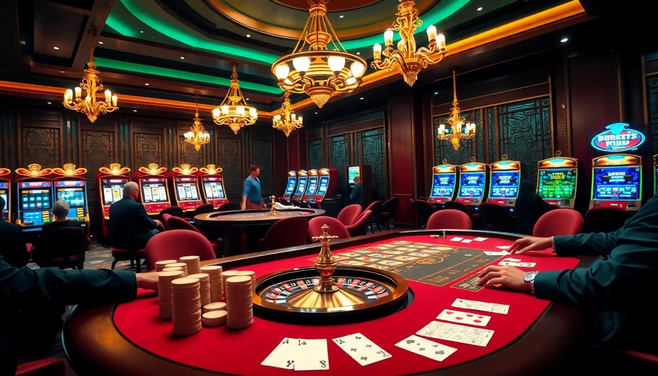 Players engaging at a j88-themed poker table, stacked chips, and roulette wheel creating excitement in a vibrant casino.