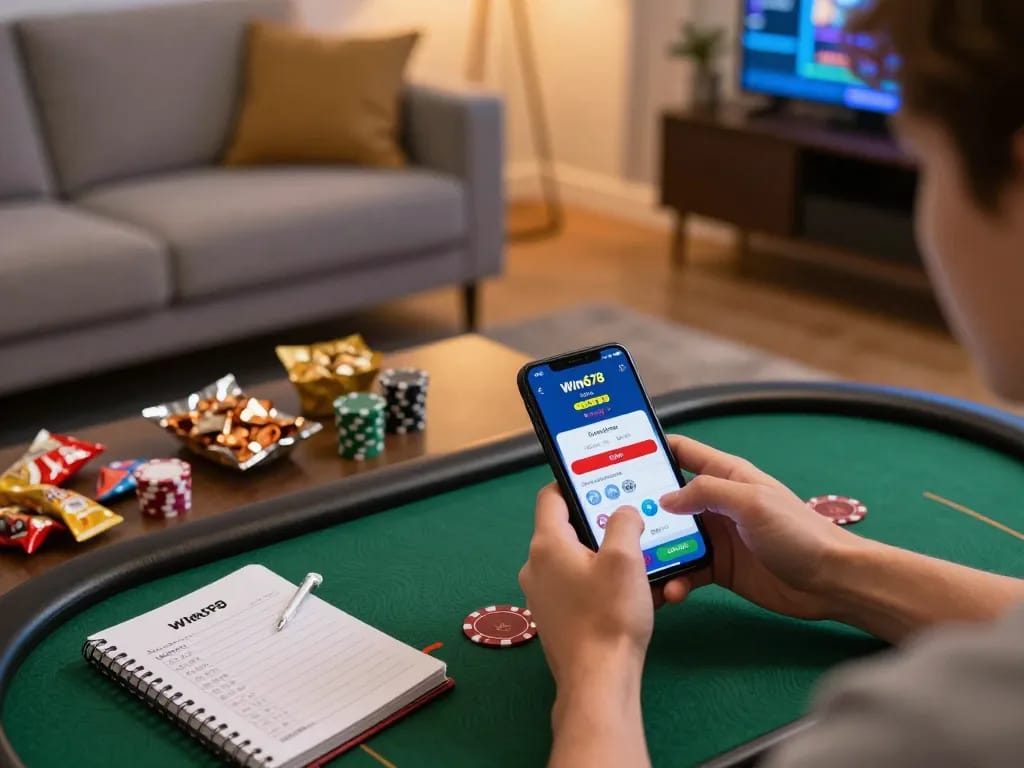 Engaging with win678 trang chủ game interface on a smartphone in a cozy home setup.