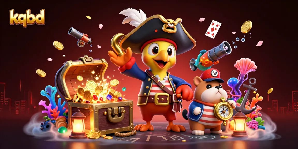 KQBD dynamic scene with pirate captain, bulldog, and cat navigating thrilling underwater treasure.