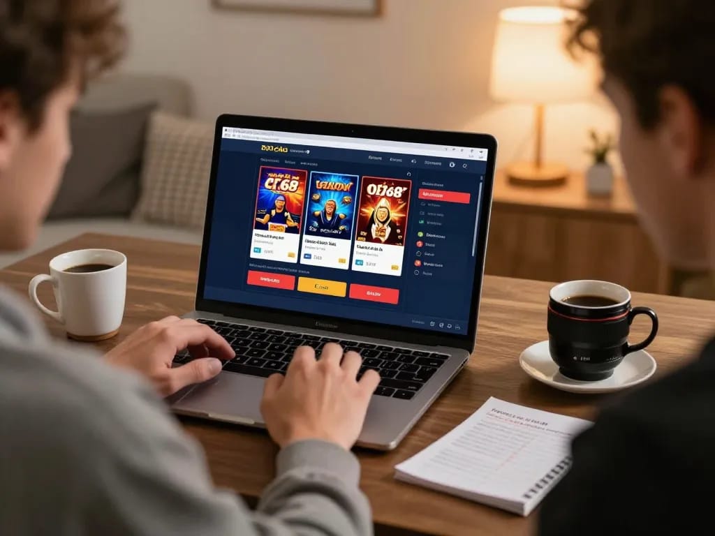 Engaged player using nhà cái cf68 for online gambling in a cozy home setting.