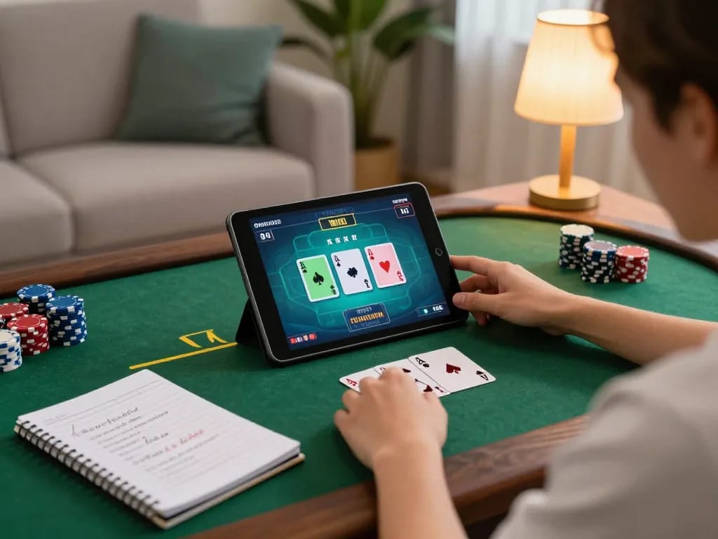 Engaging in online poker gaming with LLwin, showcasing strategy notes and comfortable home setting.