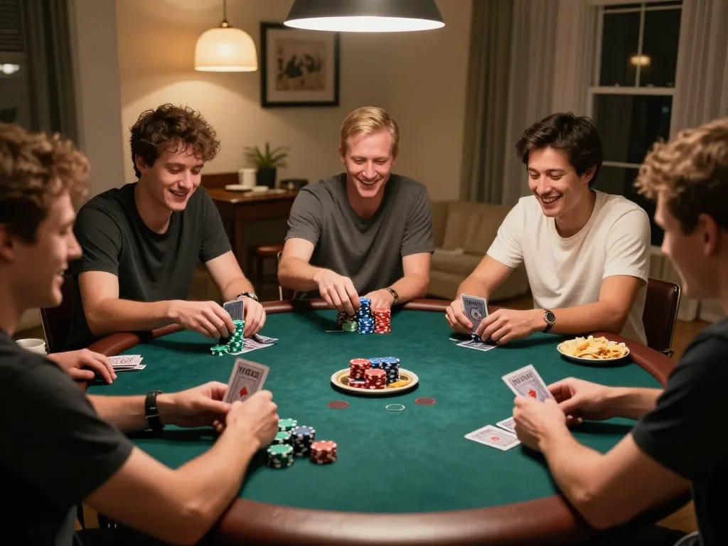 Fun79 poker night scene with friends enjoying Texas Hold'em at home, showcasing excitement and strategy.