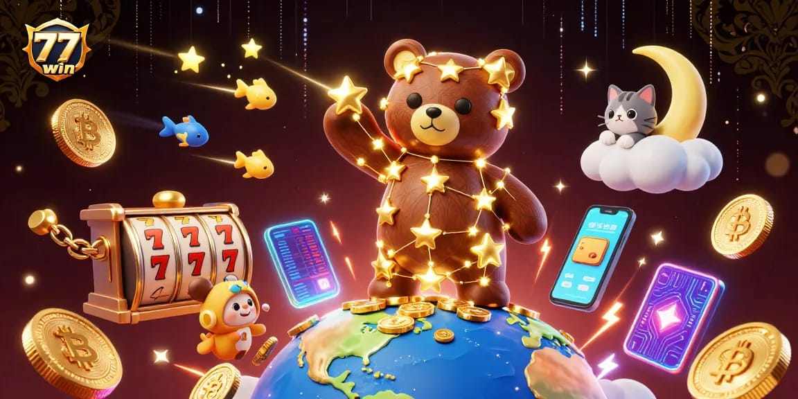 Spin the reels with 77win and immerse yourself in a colorful casino adventure filled with golden stars.