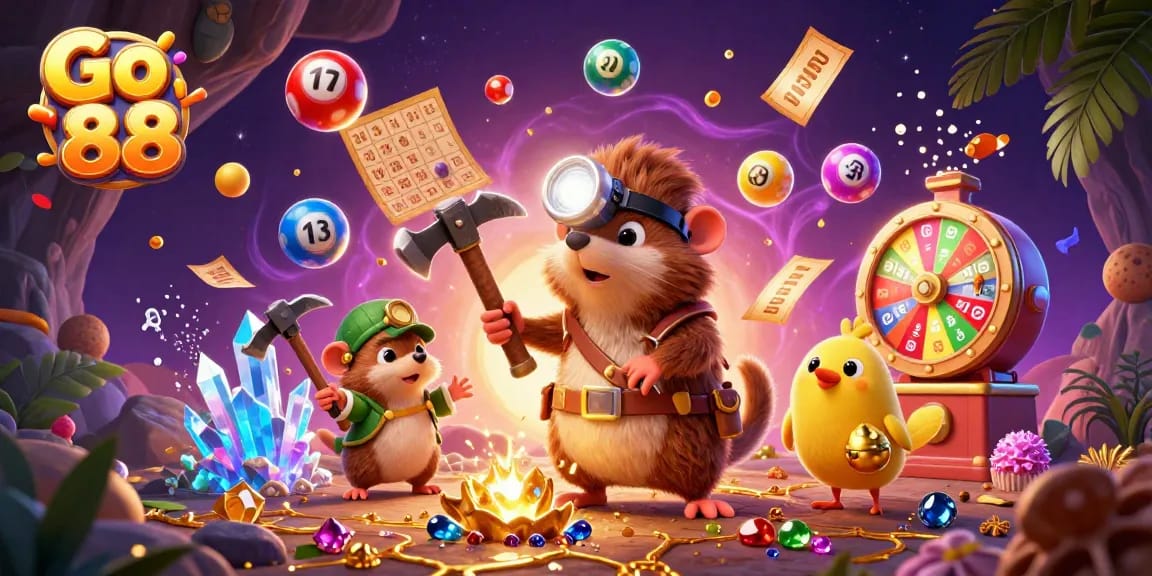 Experience excitement with Go 88 in a vibrant casino-themed illustration packed with engaging elements.