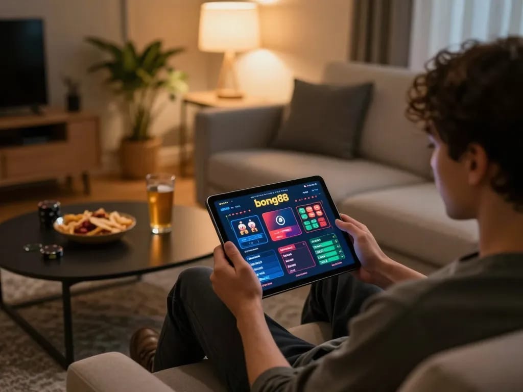 Bong88 player enjoying online betting interface in a cozy living room setup