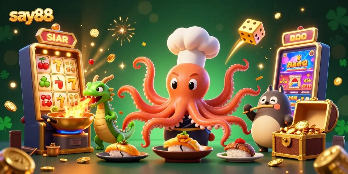 Experience excitement with say88, featuring lively characters and dynamic casino elements in a vibrant illustration.