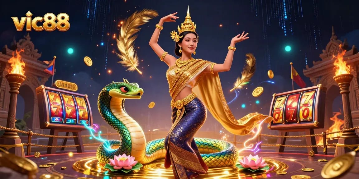 Experience the excitement of vic88 with a vibrant casino scene featuring traditional Thai culture and dynamic game elements.