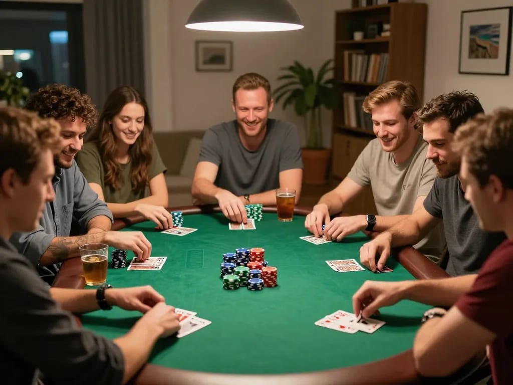 Players enjoying an intense game of poker at home during a friendly MM88 poker night with vibrant card and chip arrangements