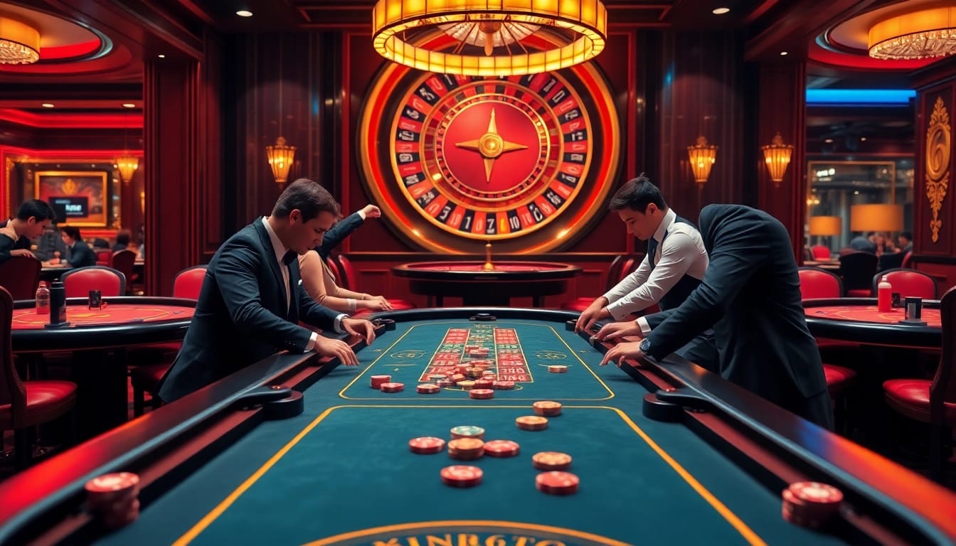Players enjoying a thrilling game at MB66 casino, showcasing vibrant tables and luxury ambiance.